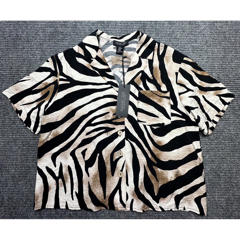 Rachel Zoe‎ Shirt Womens XS Black Zebra Animal Print Button Up Short Sleeve Top